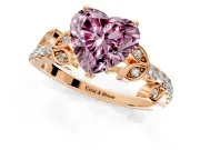 Leaf Motif Engagement Ring Setting for Fancy Pink Heart-Shaped Center with Pave Band and Prong Head in Rose Gold