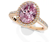Halo Engagement Ring Setting for Fancy Pink Oval Center with Pave Accents, Heart Basket and Prong Head in Rose Gold
