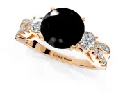 3 Stone Engagement Ring Setting for Fancy Black Round Cut Center with Pave Split Shank and Prong Head in Rose Gold