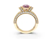 Pave Engagement Ring Setting for Fancy Pink Radiant Cut Center with Curved Accent Rows, Openwork and Prong Head in Yellow Gold