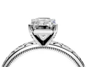 Solitaire Engagement Ring Setting for Emerald Cut Center with Scrollwork Band and Prong Head in Platinum