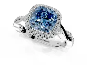 Halo Engagement Ring Setting for Fancy Blue Cushion Cut Center with Twist Band and Prong Head in White Gold