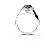 Halo Engagement Ring Setting for Fancy Green Heart-Shaped Center with Narrowing Pave Band and Prong Head in White Gold