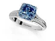 Solitaire Engagement Ring Setting for Fancy Blue Cushion Cut Center with Pave Rail Split Shank and Prong Head in Sterling Silver