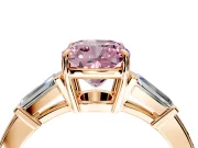 3 Stone Engagement Ring Setting for Fancy Pink Cushion Cut Center with Baguette Accents and Prong Head in Rose Gold