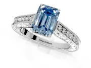 Solitaire Engagement Ring Setting for Fancy Blue Emerald Cut Center with Engraved Pave Band and Prong Head in Platinum