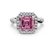 Halo Engagement Ring Setting for Fancy Pink Asscher Cut Center with Twist Band and Prong Head in Platinum