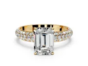 Solitaire Engagement Ring Setting for Emerald Cut Center with Domed Multi-Row Pave Band and Prong Head in Yellow Gold