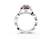 Halo Engagement Ring Setting for Fancy Pink Emerald Cut Center with Twist Band and Prong Head in Sterling Silver