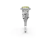 Milgrain Halo Engagement Ring Setting for Fancy Yellow Radiant Cut Center with Shoulder Bezels and Prong Head in White Gold