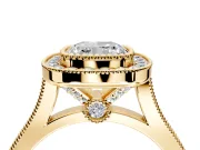 Halo Engagement Ring Setting for Cushion Cut Center with Milgrain Frame, Pave Band and Prong Head in Yellow Gold