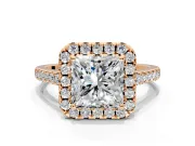 Halo Engagement Ring Setting for Princess Cut Center with Raised Halo, Pave Band and Prong Head in Rose Gold