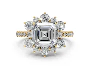 Floral Halo Engagement Ring Setting for Asscher Cut Center with Pave Accents and Prong Head in Yellow Gold