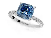 Solitaire Engagement Ring Setting for Fancy Blue Cushion Cut Center with Fine Pave Narrow Band and Prong Head in Sterling Silver