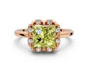 Floral Frame Engagement Ring Setting for Fancy Yellow Princess Cut Center with Accent Clusters and Prong Head in Rose Gold