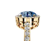 Halo Engagement Ring Setting for Fancy Blue Round Cut Center with Heart-Shaped Openwork, Pave Band and Prong Head in Yellow Gold