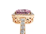Halo Engagement Ring Setting for Fancy Pink Radiant Cut Center with Heart-Shaped Openwork, Pave Band and Prong Head in Rose Gold