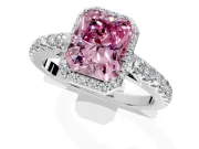Halo Engagement Ring Setting for Fancy Pink Radiant Cut Center with Full Pave Band and Prong Head in Sterling Silver