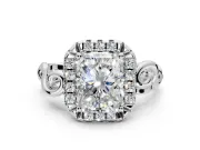 Halo Engagement Ring Setting for Radiant Cut Center with Open Scroll Shoulders and Prong Head in Platinum
