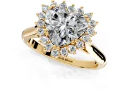 Starburst Halo Engagement Ring Setting for Heart-Shaped Center with Thin Round-Wire Band and Prong Head in Yellow Gold