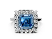 Single Halo Engagement Ring Setting for Fancy Blue Asscher Cut Center with Corner Claws, Plain Band and Prong Head in Platinum