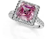 Milgrain Floral Halo Engagement Ring Setting for Fancy Pink Asscher Cut Center with Pave Band and Prong Head in Platinum