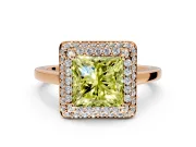 Halo Engagement Ring Setting for Fancy Yellow Princess Cut Center with Plain Tapered Band and Prong Head in Rose Gold