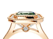 Halo Engagement Ring Setting for Fancy Green Asscher Cut Center with Milgrain Frame, Pave Band and Prong Head in Rose Gold