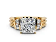 Solitaire Engagement Ring Setting for Princess Cut Center with Grooved Bar Accent Band and Prong Head in Yellow Gold