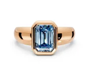 Solitaire Engagement Ring Setting for Fancy Blue Emerald Cut Center with Wide Band and Bezel Head in Rose Gold