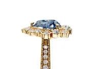 Milgrain Halo Engagement Ring Setting for Fancy Blue Heart-Shaped Center with Bezel Point Accents and Prong Head in Yellow Gold