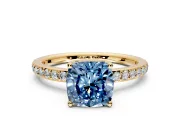 Solitaire Engagement Ring Setting for Fancy Blue Cushion Cut Center with Fine Pave Band and Prong Head in Yellow Gold