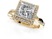 Halo Engagement Ring Setting for Princess Cut Center with Pave and Plain Twist Band and Prong Head in Yellow Gold