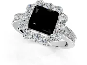 Halo Engagement Ring Setting for Fancy Black Princess Cut Center with Milgrain Channel Band and Prong Head in Sterling Silver