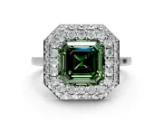 Halo Engagement Ring Setting for Fancy Green Asscher Cut Center with Plain Tapered Band and Prong Head in Sterling Silver
