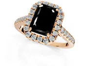 Halo Engagement Ring Setting for Fancy Black Emerald Cut Center with Narrowing Pave Band and Prong Head in Rose Gold