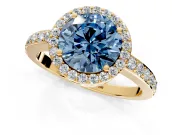 Halo Engagement Ring Setting for Fancy Blue Round Cut Center with Heart-Shaped Openwork, Pave Band and Prong Head in Yellow Gold