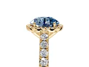 Halo Engagement Ring Setting for Fancy Blue Round Cut Center with Full Pave Band and Prong Head in Yellow Gold