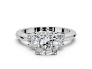 3 Stone Engagement Ring Setting for Cushion Cut Center with Wide Plain Band and Prong Head in White Gold