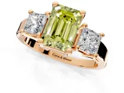 3 Stone Engagement Ring Setting for Fancy Yellow Emerald Cut Center with Matching Side Accents and Prong Head in Rose Gold