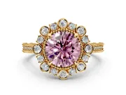 Milgrain Halo Engagement Ring Setting for Fancy Pink Round Cut Center with Bezel Point Accents and Prong Head in Yellow Gold
