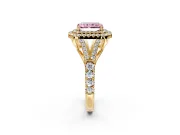 Double Halo Engagement Ring Setting for Fancy Pink Radiant Cut Center with Narrow Pave Split Shank and Prong Head in Yellow Gold