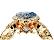 Milgrain Halo Engagement Ring Setting for Fancy Blue Heart-Shaped Center with Shoulder Bezels and Prong Head in Yellow Gold