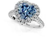 Halo Engagement Ring Setting for Fancy Blue Heart-Shaped Center with Raised Halo, Pave Band and Prong Head in Sterling Silver