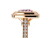 Halo Engagement Ring Setting for Fancy Pink Princess Cut Center with Milgrain Frame, Pave Band and Prong Head in Rose Gold