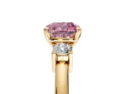 3 Stone Engagement Ring Setting for Fancy Pink Cushion Cut Center with Wide Plain Band and Prong Head in Yellow Gold