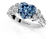 Cluster Engagement Ring Setting for Fancy Blue Heart-Shaped Center with Bezel Accent Clusters and Prong Head in White Gold