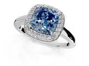 Halo Engagement Ring Setting for Fancy Blue Cushion Cut Center with Plain Tapered Band and Prong Head in Platinum