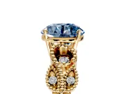 Leaf Engagement Ring Setting for Fancy Blue Round Cut Center with Milgrain Accent Band and Prong Head in Yellow Gold