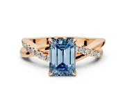 Crossover Engagement Ring Setting for Fancy Blue Emerald Cut Center with Pave and Plain Strands and Prong Head in Rose Gold